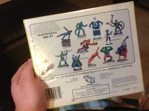 Here is the back of the Marvel kit. The kit includes Spiderman, Captain America, Radioactive Man, The Scorpion, Dr. Doom, The Thing, Mr. Fantastic, The Human Torch, Doctor Octopus, Captain Marvel, The Hulk, and Thor