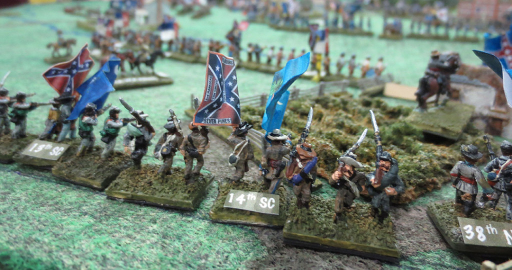 Perrin’s South Carolina Brigade forms up, as it historically did, to attack Seminary Ridge – though one battalion does seem to be having second thoughts and may be headed for the rear. – Photo by Patrick R. LeBeau